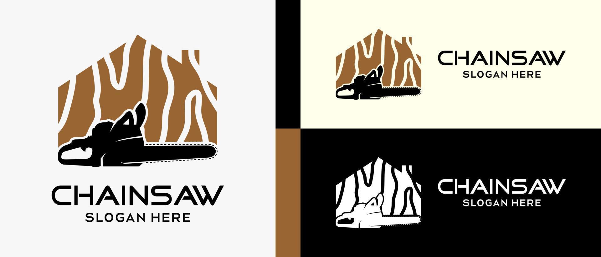 chainsaw logo design template in silhouette with house icon in creative concept. premium vector logo illustration