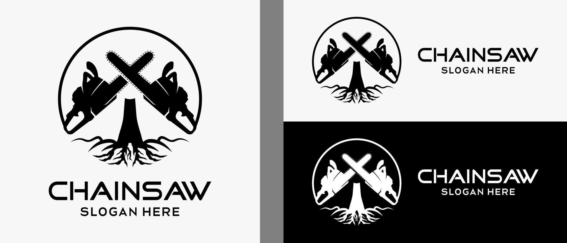 chainsaw logo design template in silhouette with tree icon in circle. premium vector logo illustration