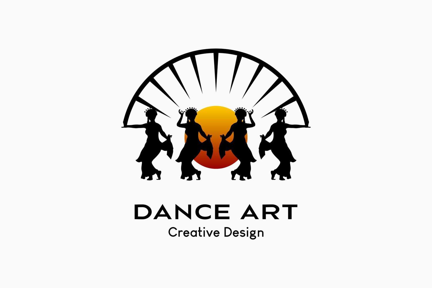 Dance group logo design in creative concept, silhouette of woman combined with sun or moon icon. Vector premium
