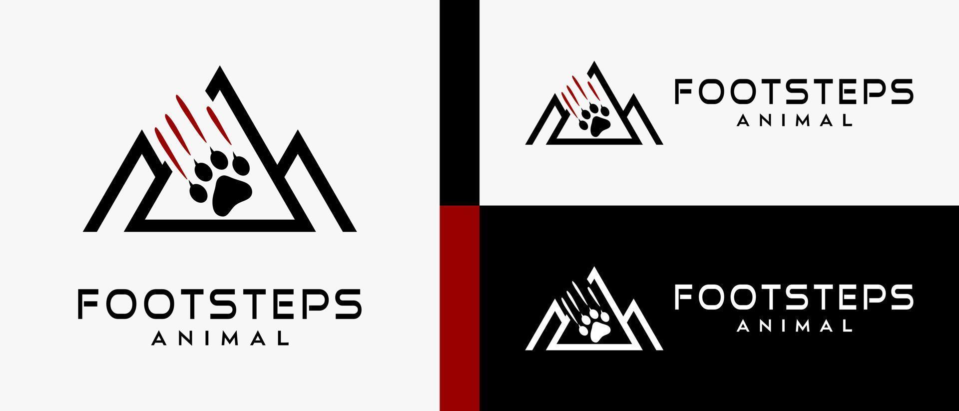 Logo design template for animal footprints, footprints of a lion, tiger or cat and mountain icon with a creative and simple concept. premium vector logo illustration