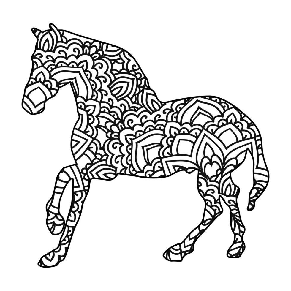caballo mandala página para colorear para niños y adultos, animal mandala vector línea arte diseño estilo ilustración.