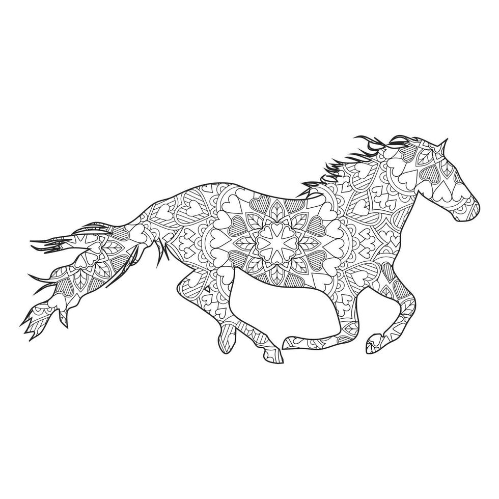Horse mandala coloring page for kids and adults, animal mandala vector line art design style illustration.