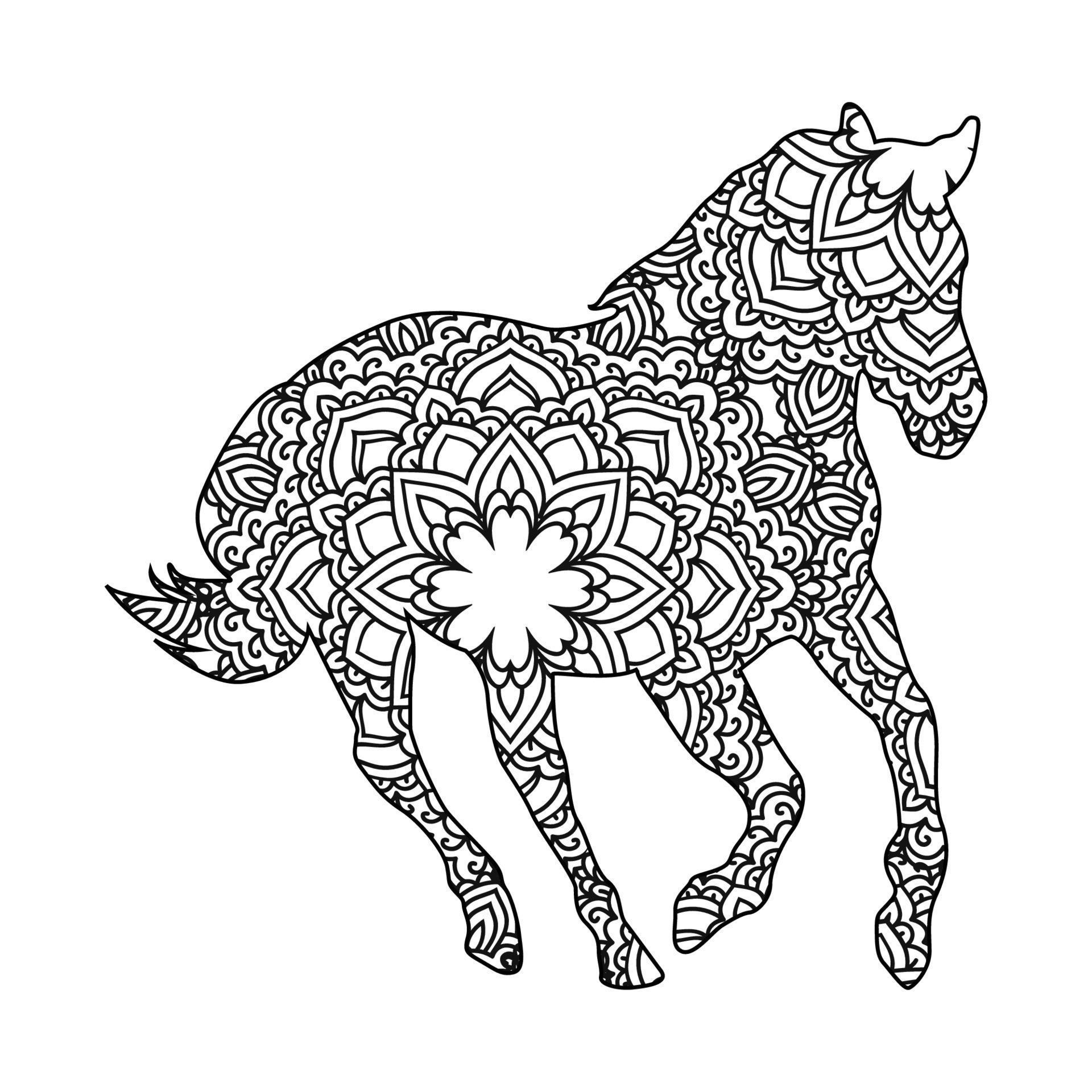 Horse mandala coloring page for kids and adults, animal mandala vector ...