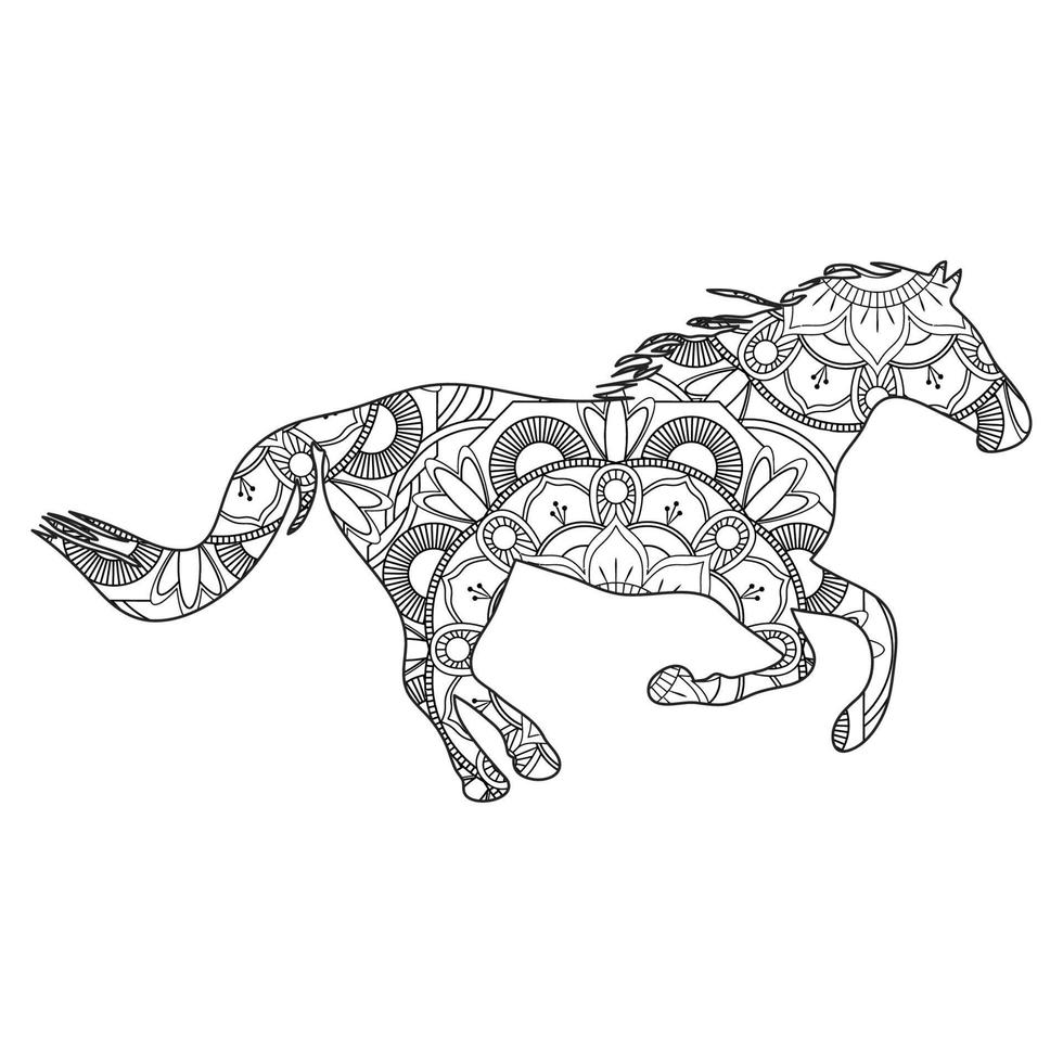 Horse mandala coloring page for kids and adults, animal mandala vector line art design style illustration.