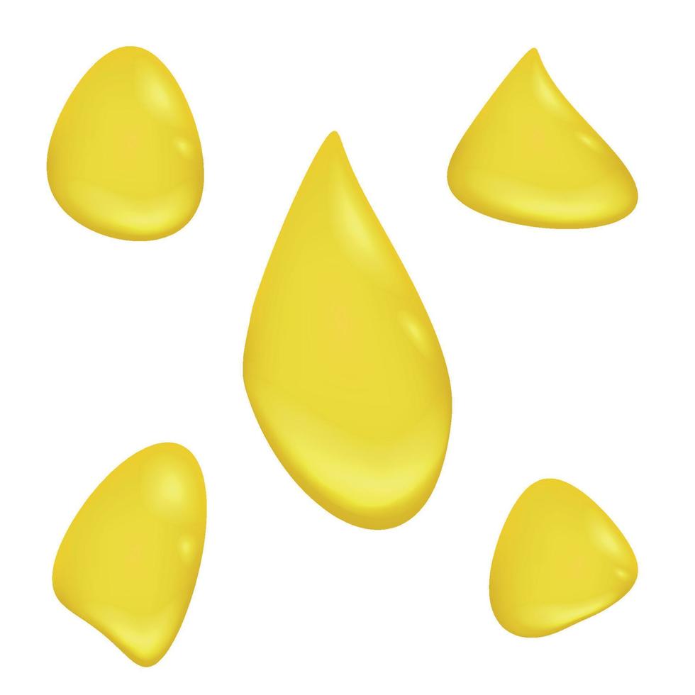 gotas doradas y manchas de aceite o miel aisladas en fondo blanco. gotas amarillas líquidas vectoriales realistas de aceite cosmético o alimentario orgánico, vista superior de charcos transparentes vector