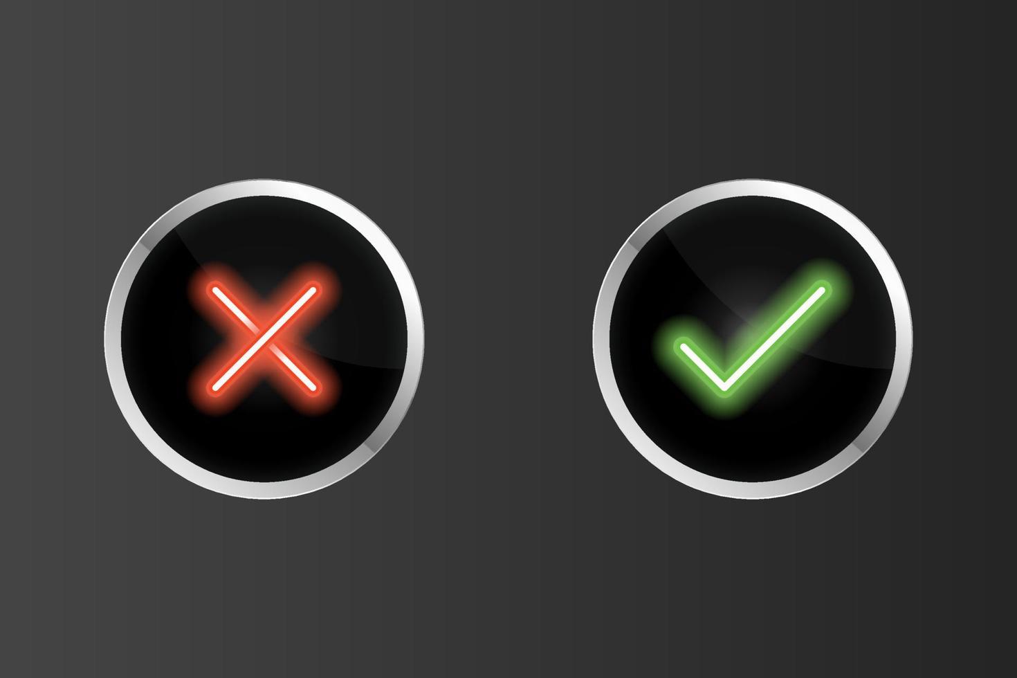 Red and green check mark button neon effect color vector illustration, realistic icon.