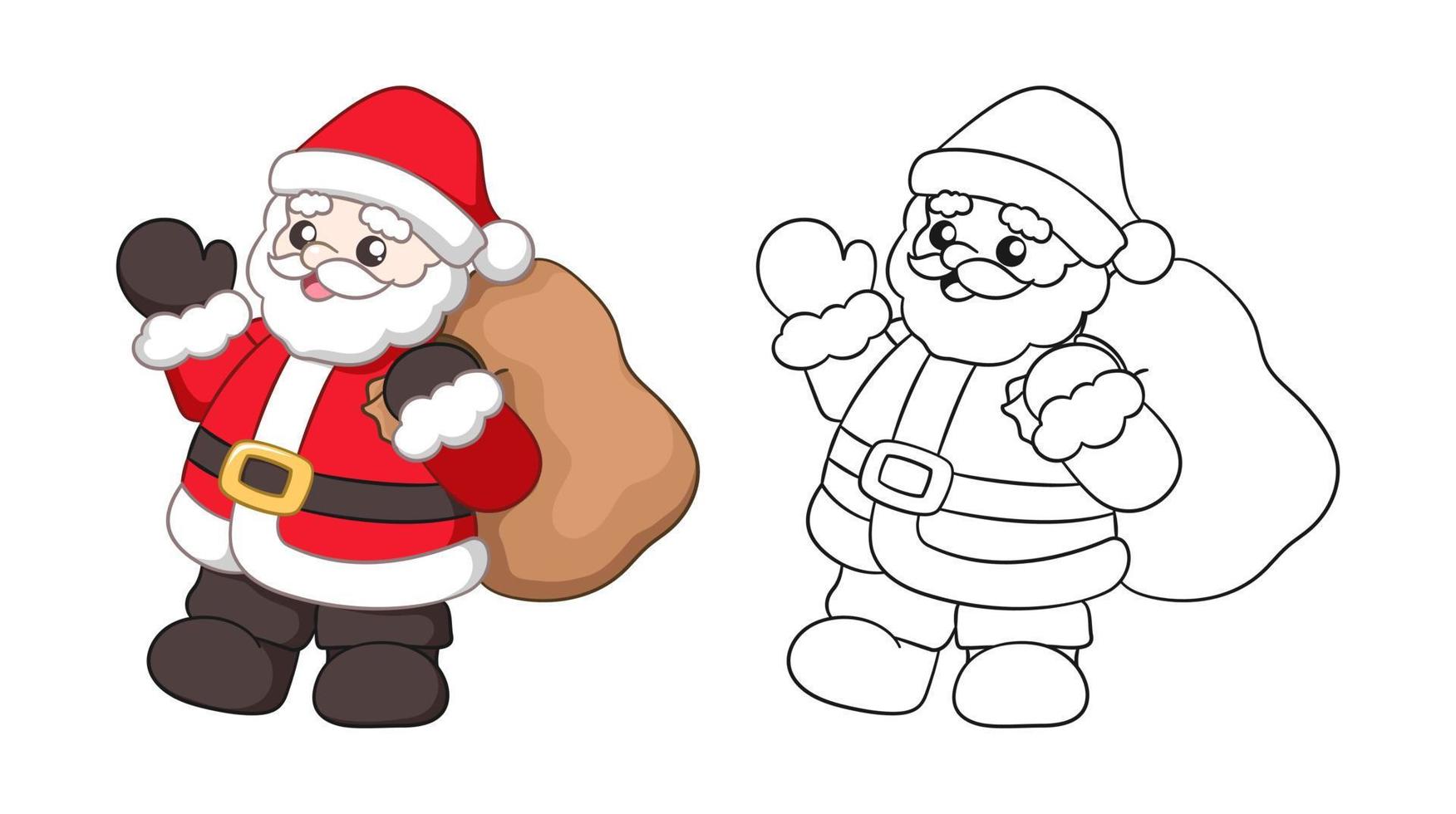 santa claus saludando y sosteniendo un saco de regalos linda ilustración de dibujos animados vector