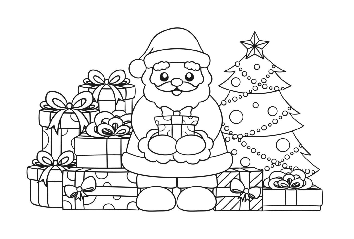 Happy Santa Claus next to a Christmas tree holding a present surrounded by colorful gift boxes. Line art cartoon illustration. Coloring book page printable activity worksheet for kids. vector