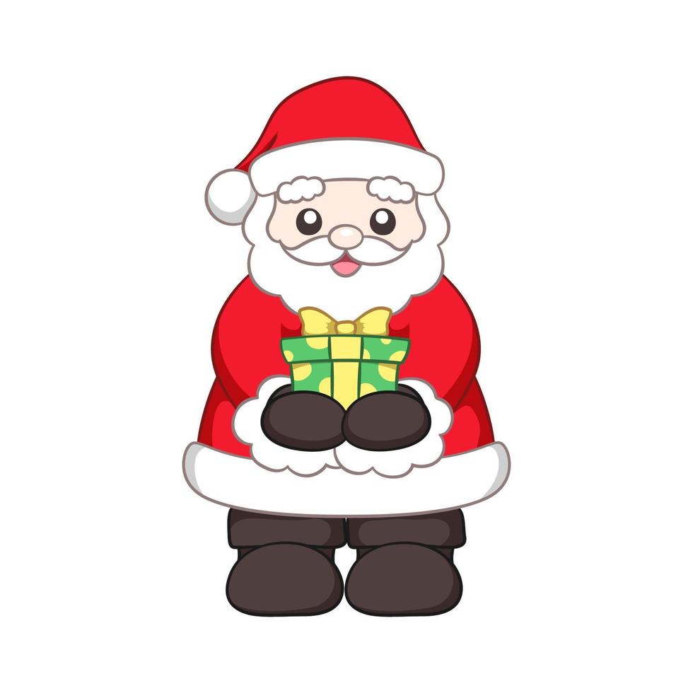 Happy Santa Claus holding out and giving a Christmas present cartoon vector