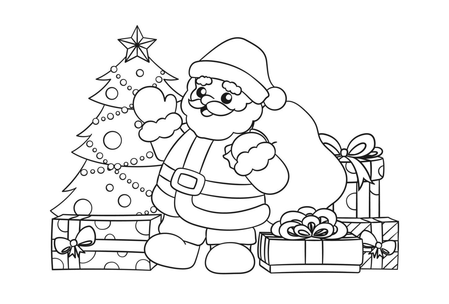 santa claus saludando y sosteniendo un saco de regalos junto a un árbol de navidad rodeado de coloridas cajas de regalo esquema de ilustración de dibujos animados. página de libro para colorear hoja de trabajo de actividad imprimible para niños. vector