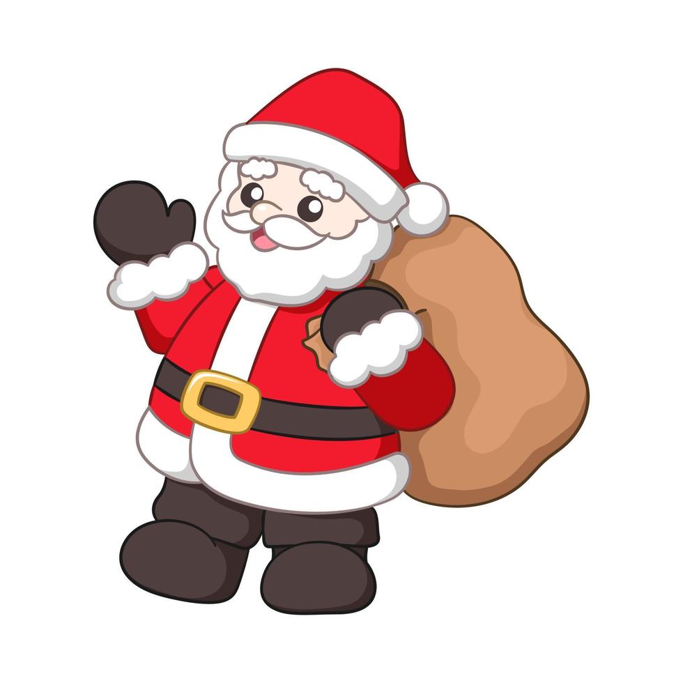 santa claus saludando y sosteniendo un saco de regalos linda ilustración de dibujos animados vector