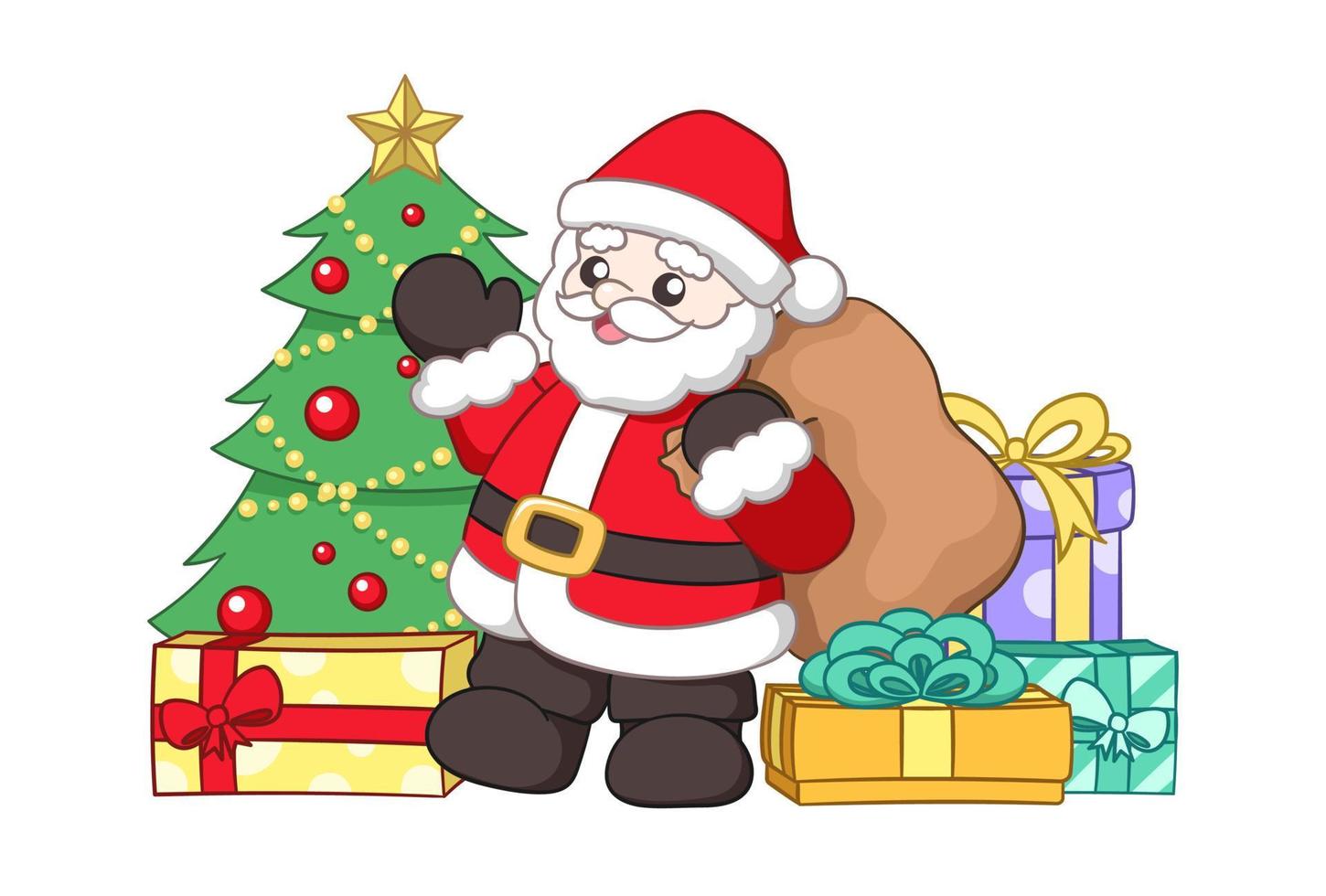 Santa Claus waving and holding a sack of presents next to a Christmas tree surrounded by colorful gift boxes cute cartoon illustration vector