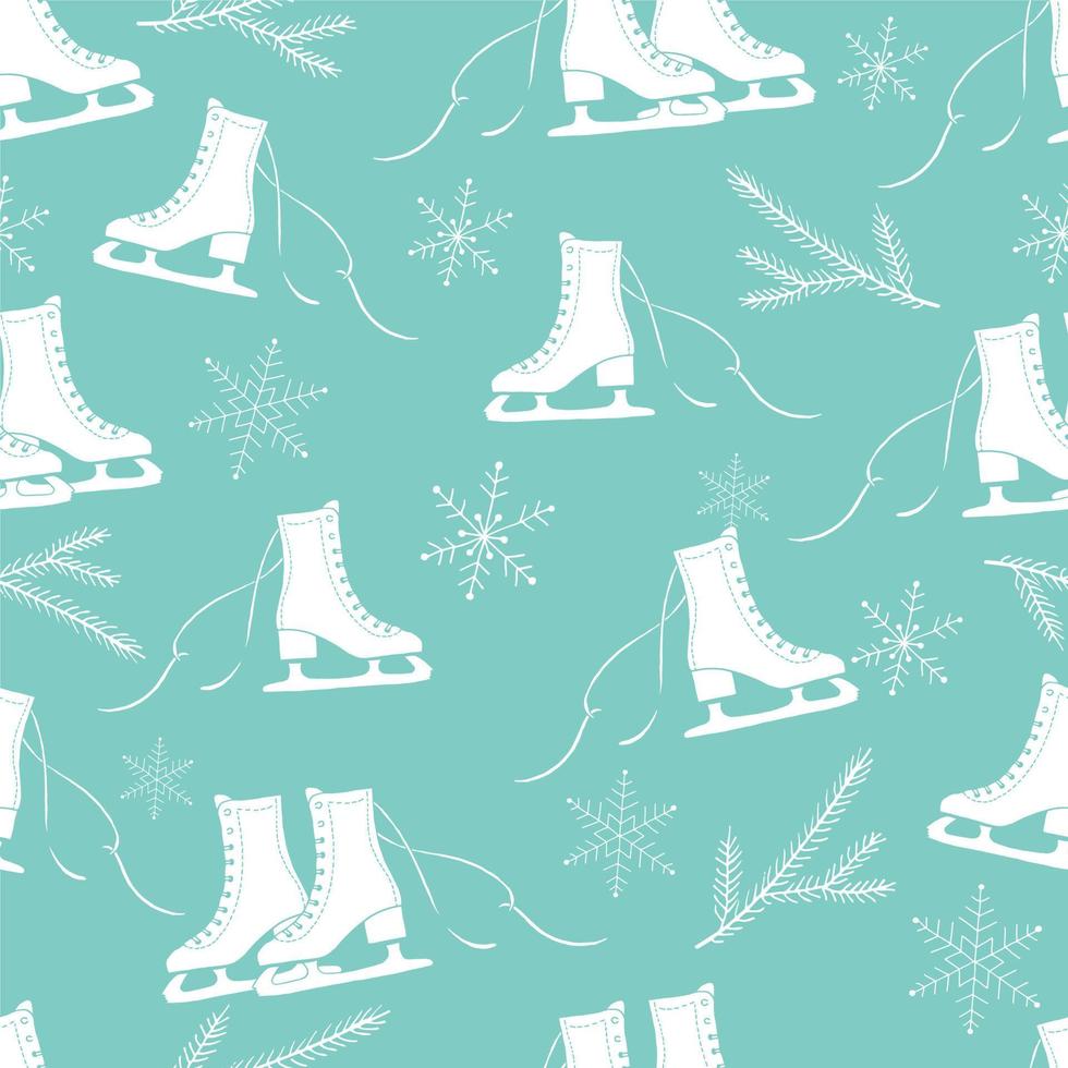 Seamless pattern on winter theme. Ice skates and snowflakes on a mint green background vector