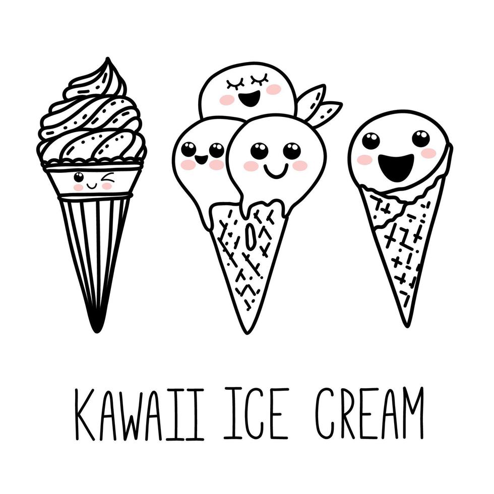 Cute hand drawn kawaii cartoon characters. Ice cream with smiling faces. Fun happy doodles for kids vector