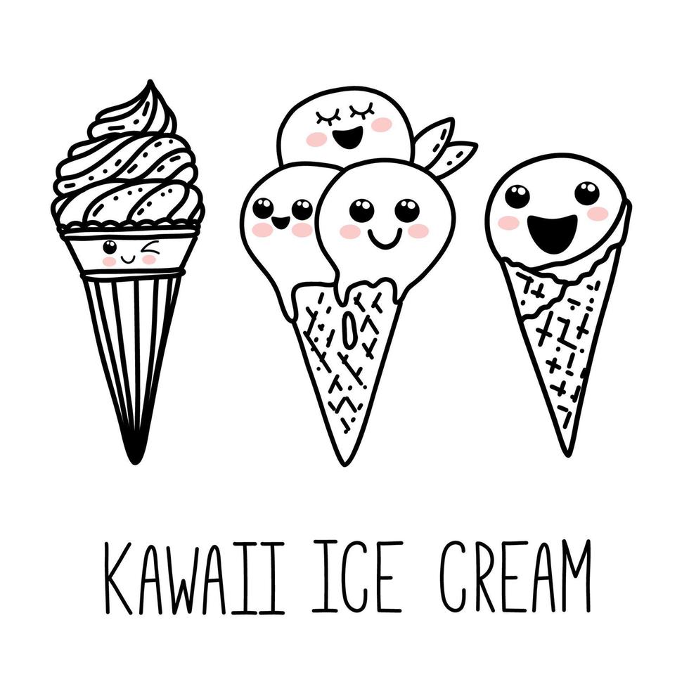 lindos personajes de dibujos animados kawaii dibujados a mano. helado con caras sonrientes. divertidos garabatos felices para niños vector