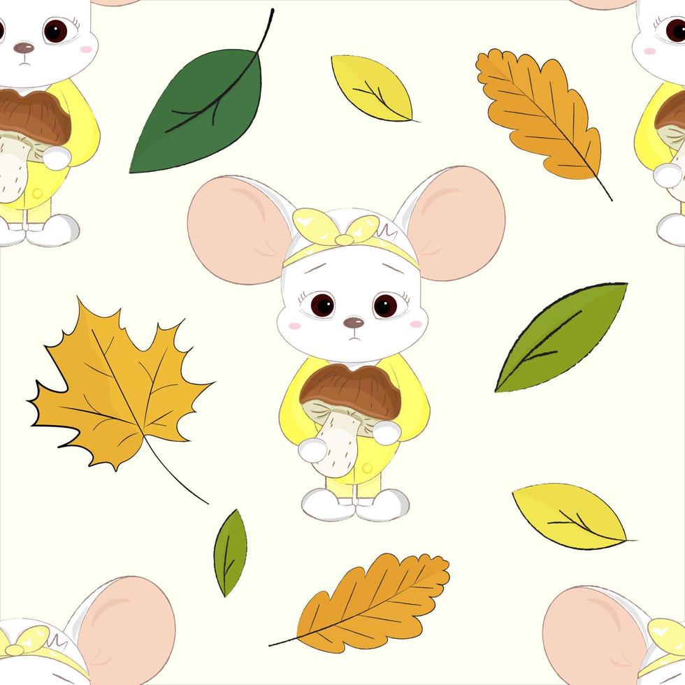 seamless pattern with mouse and autumn leaves vector