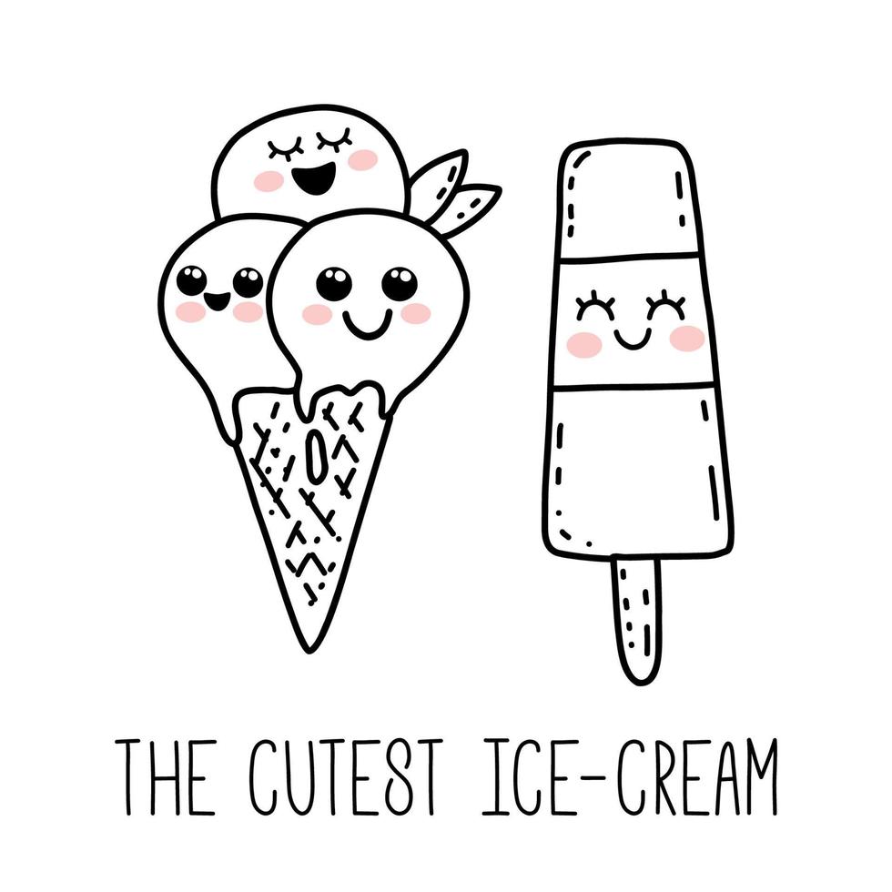 Cute hand drawn kawaii cartoon characters. Ice cream with smiling faces. Fun happy doodles for kids vector