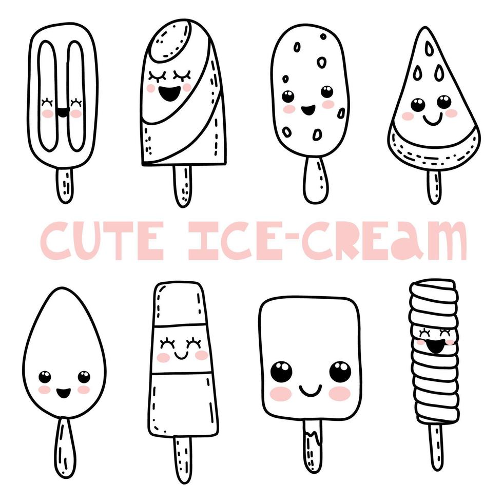 Cute hand drawn kawaii cartoon characters. Ice cream with smiling faces. Fun happy doodles for kids vector