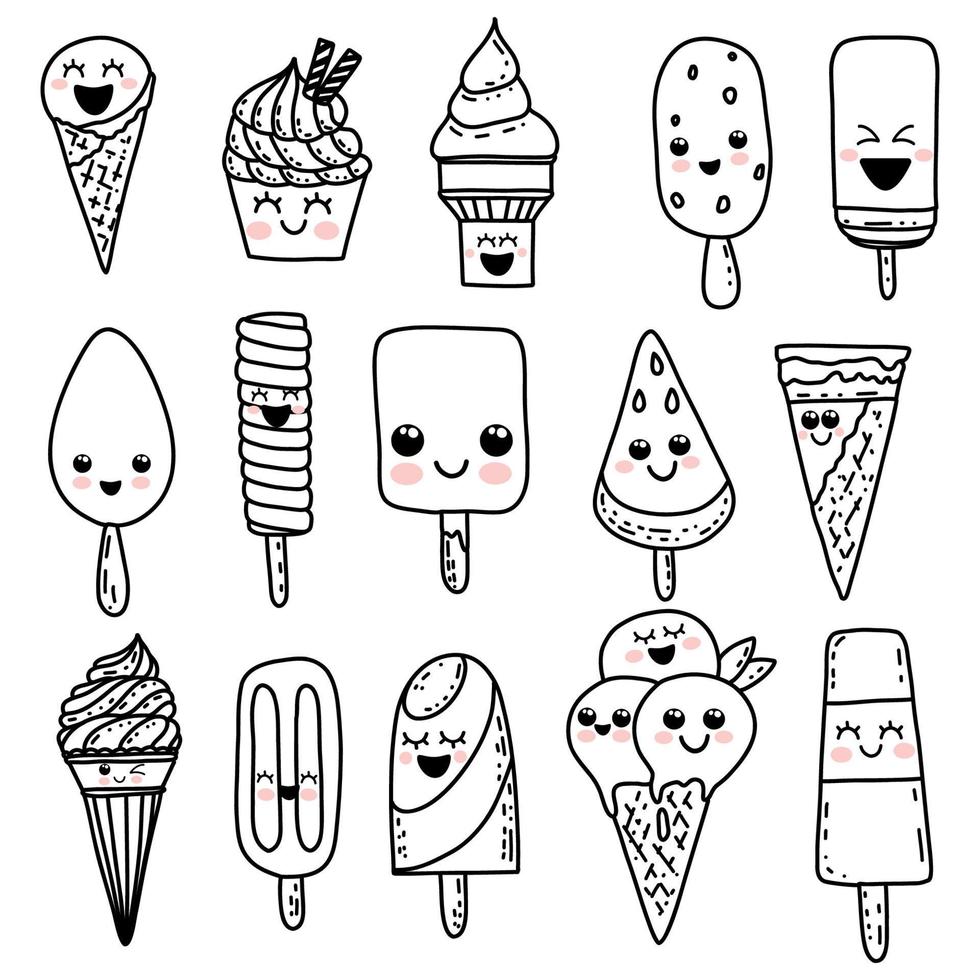 lindos personajes de dibujos animados kawaii dibujados a mano. helado con caras sonrientes. divertidos garabatos felices para niños vector