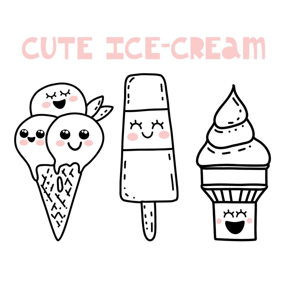 Cute hand drawn kawaii cartoon characters. Ice cream with smiling faces. Fun happy doodles for kids vector
