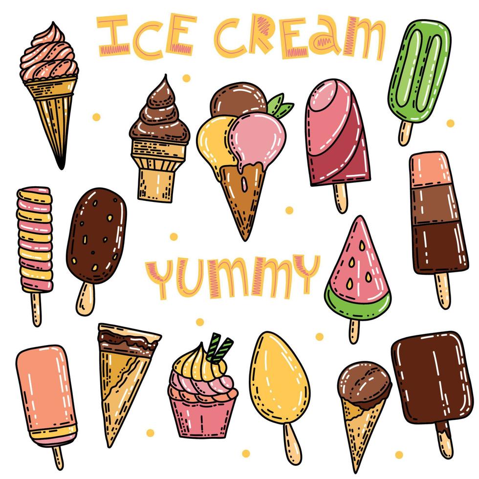 Ice cream hand drawn colorful doodle set. Vector illustration isolated on white background.