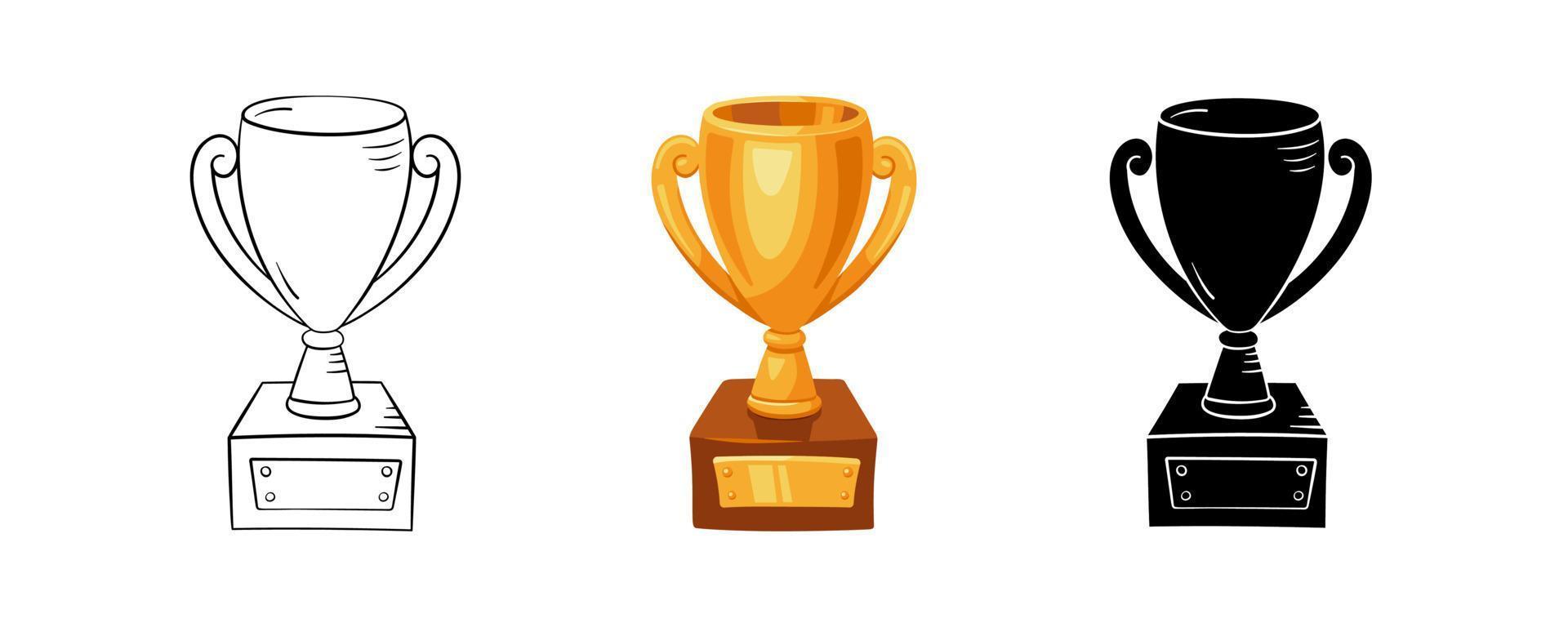 Winner cup set in cartoon, doodle, simple style. Award for first place in sports game, vector illustration. Golden trophy to the winner of the competition. Isolated element on a white background