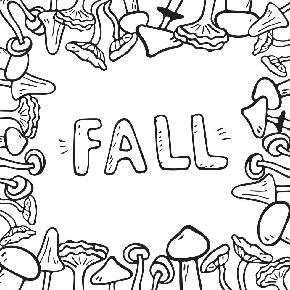 Vector flat illustration banner with inscription fall with autumn mushrooms. Doodle objects are cut out