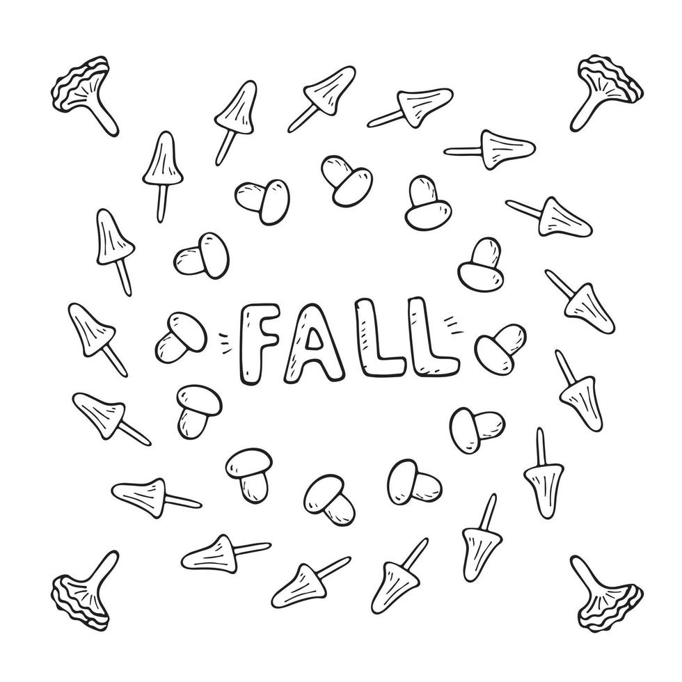 Vector flat illustration banner with inscription fall with autumn mushrooms. Doodle objects are cut out