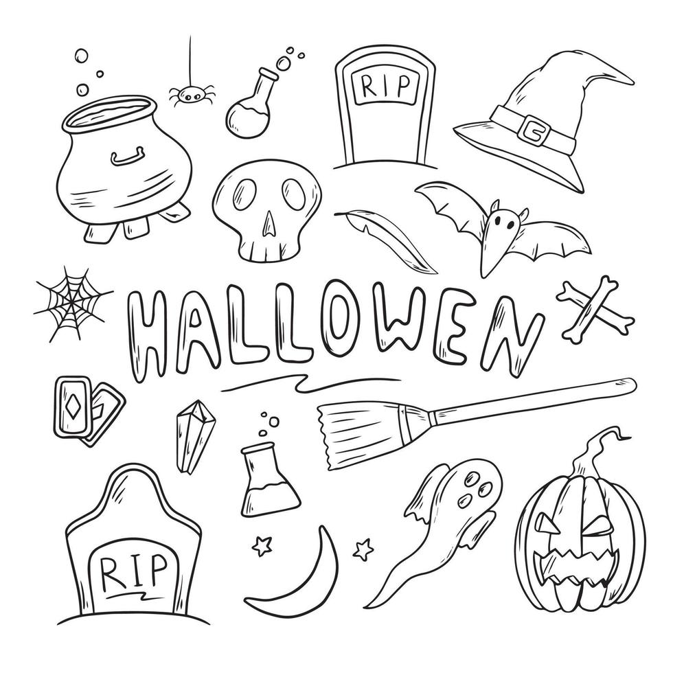conjunto de iconos de ilustración vectorial. pegatinas de garabatos con tema de halloween. vector