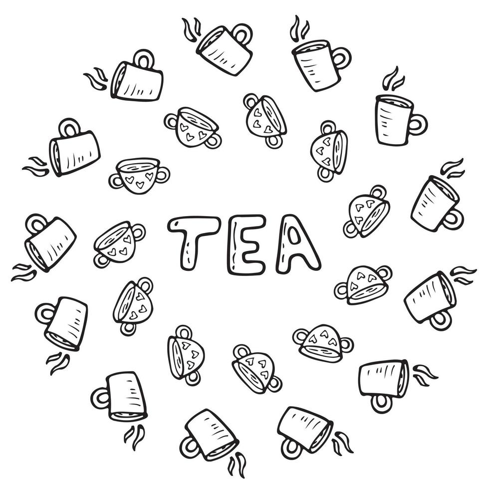 Vector flat illustration tea time with cups of tea and coffee. Doodle objects are cut out.