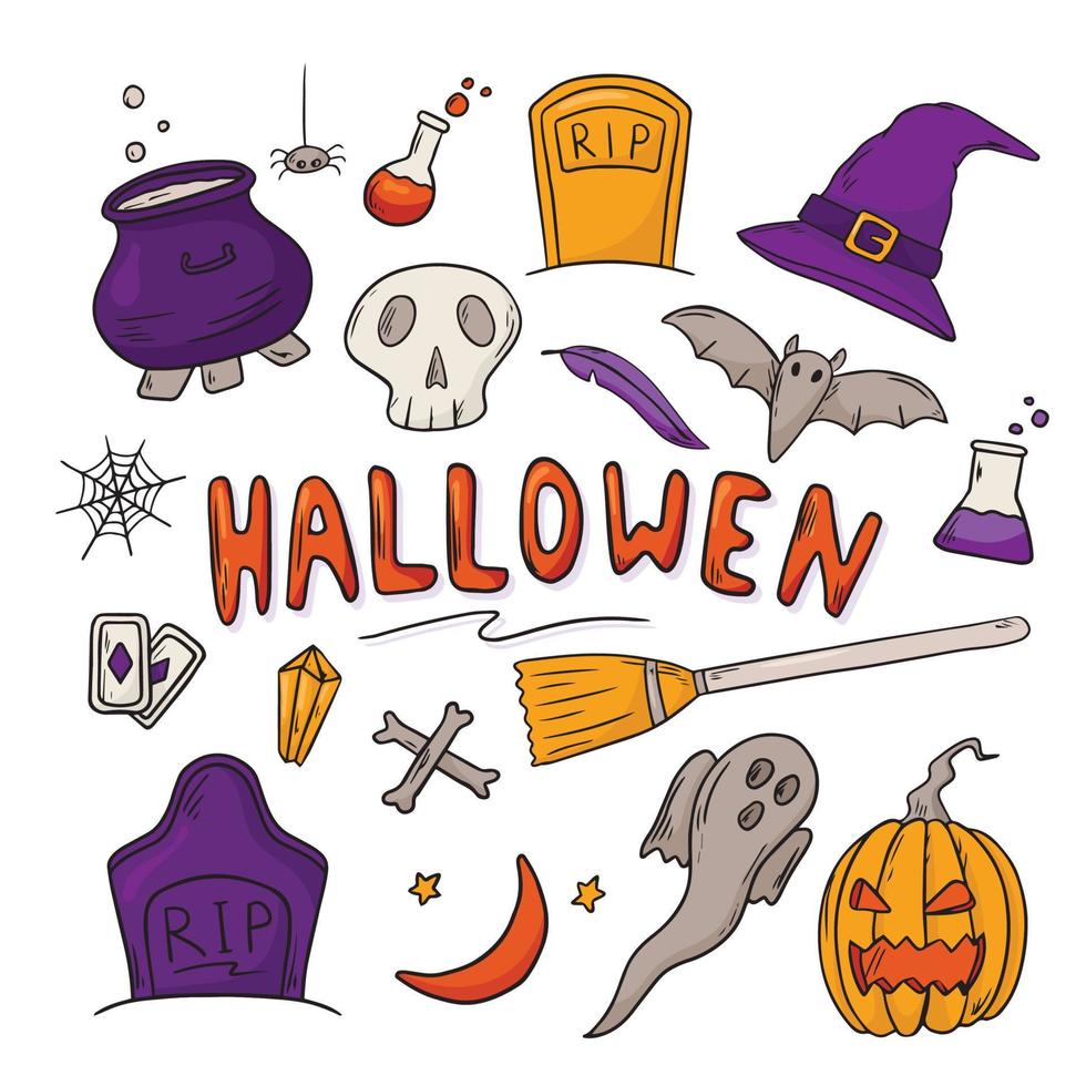 conjunto de iconos de ilustración vectorial. pegatinas de garabatos con tema de halloween. vector