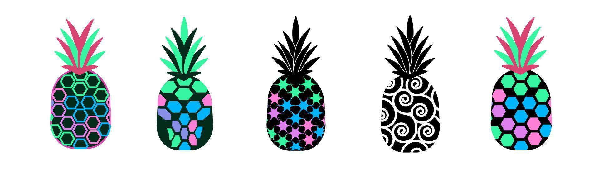 Doodle pineapple set. Modern pineapple fruit collection. Abstract art of tropical fruits. Isolated illustrations on a white background. Vector illustration.