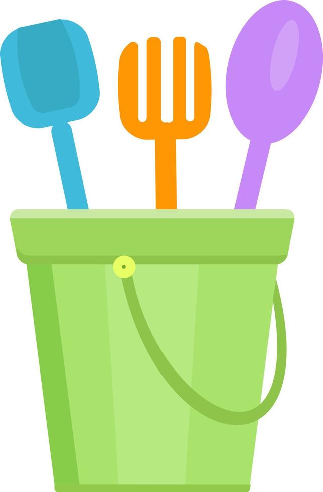 Children's bucket. Plastic container, garden tools for playing with sand. Vector illustration. Isolated icon on white background. Cartoon style.