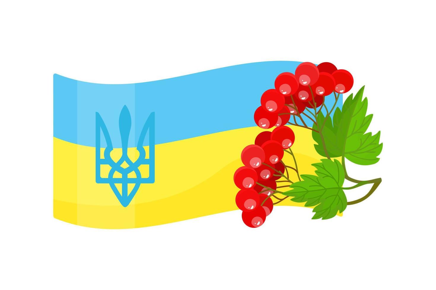 Ukrainian ensign, trident, symbol of Ukraine red viburnum. The unity of the people. Guelder rose. Red berry. Cartoon style. Isolated object white background. Icon. Vector illustration.