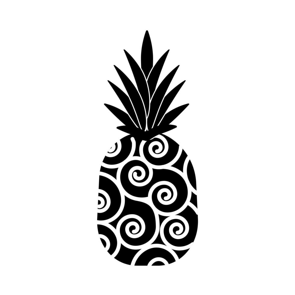 Doodle pineapple. Modern pineapple fruit with black leaves. Abstract art of tropical fruit. Isolated illustration on a white background. Vector illustration.