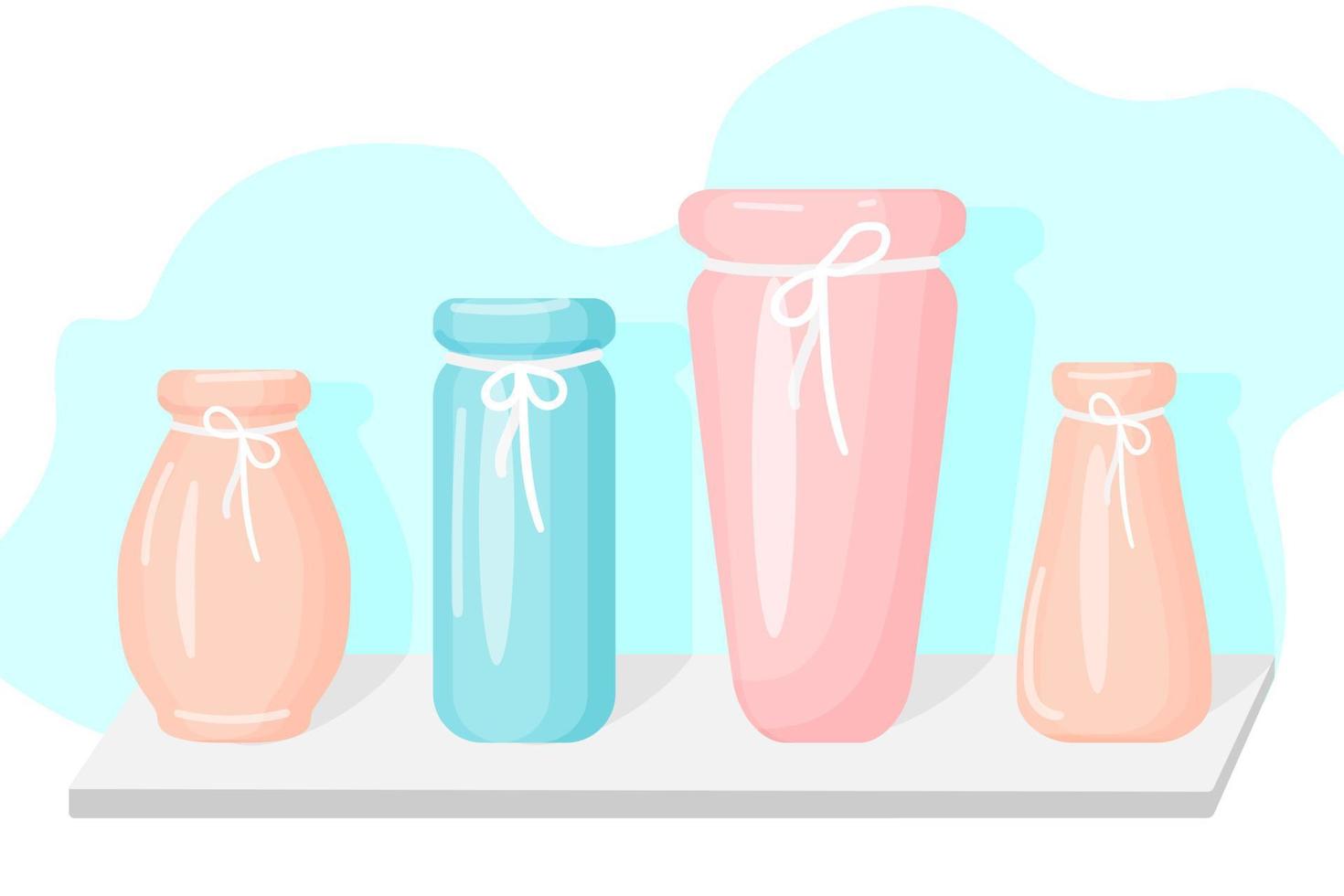 Ceramic vases on the shelf. Modern ceramic vases with rope decorations. Isolated illustration on a white background. Vector illustration.