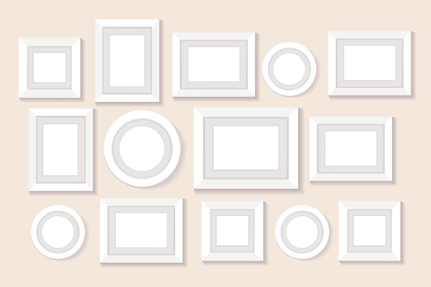 Frame collage on wall. Blank, empty pictures. Circle, square photo frame for interior decor. Isolated illustration on pastel background. Vector illustration.