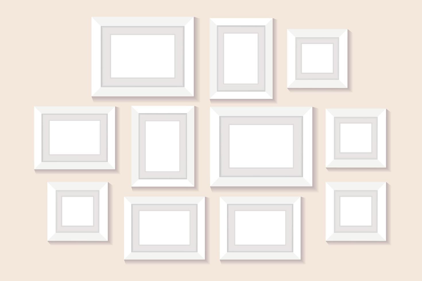 Frame collage on wall. Empty pictures. Square photo frame for decoration. Isolated illustration on pastel background. Vector illustration.