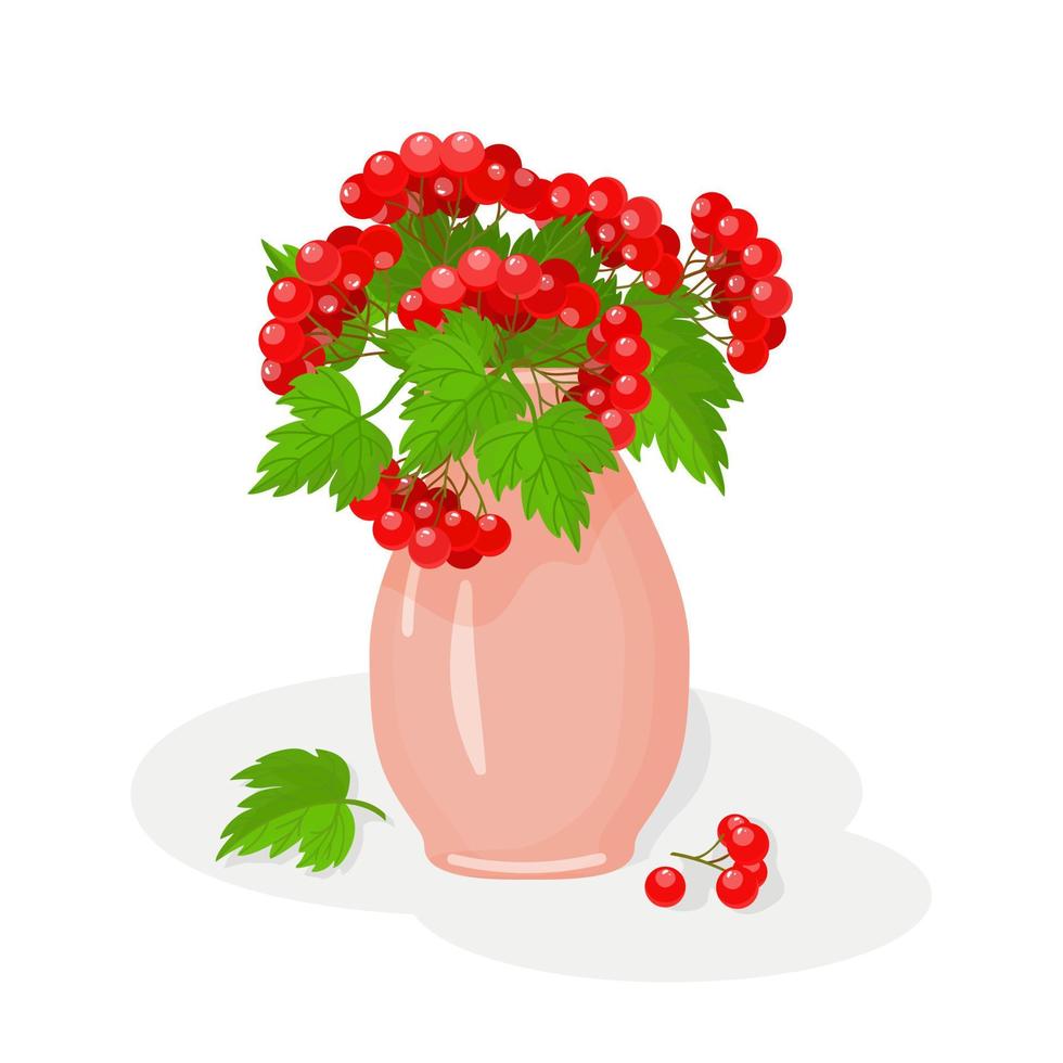 Ceramic flower vase with viburnum. Modern ceramic vase with red berry. Guelder rose. Isolated illustration on a white background. Cartoon style. Vector illustration.