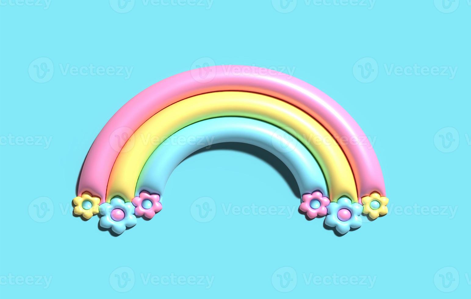 Arco iris lindo 3d. arco iris de dibujos animados con flores dulces. el arco colorido es el elemento objetos de verano, vacaciones, día feliz. ilustración aislada sobre fondo azul. foto