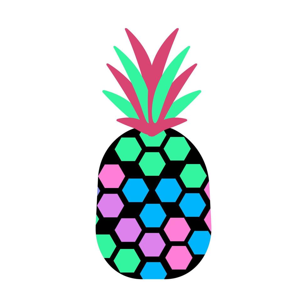 Doodle pineapple. Modern pineapple fruit with colored leaves. Abstract art of tropical fruit. Isolated illustration on a white background. Cartoon style. Vector illustration.