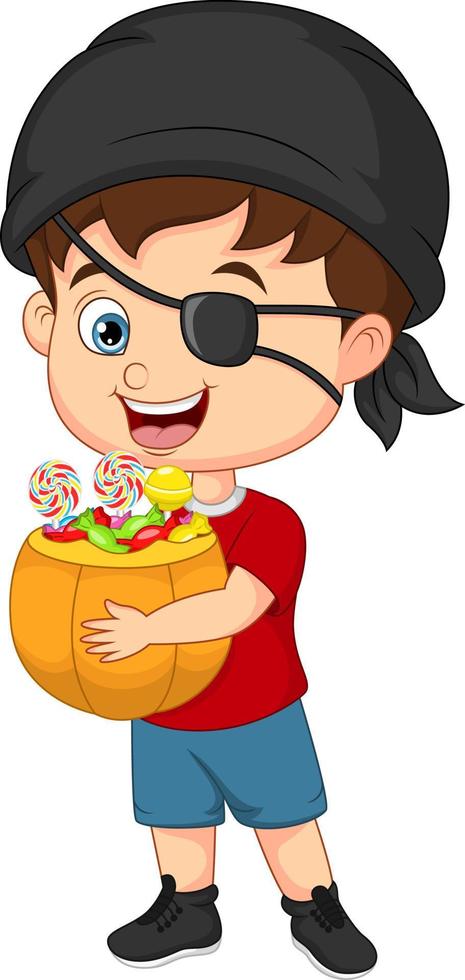 Cute pirate boy holding a basket of candies vector