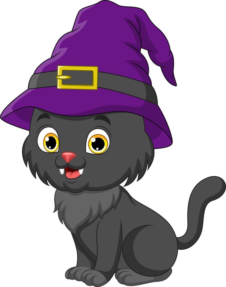 linda caricatura de gato negro con un sombrero de bruja vector