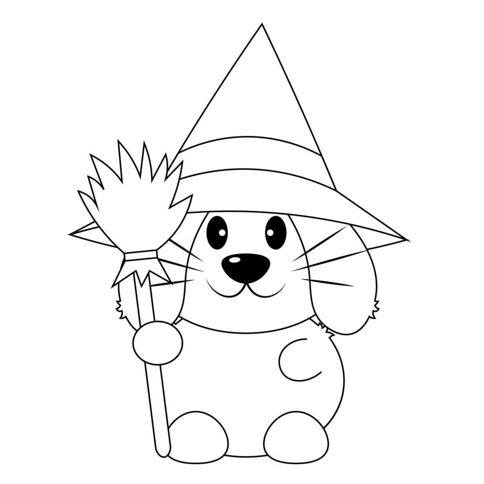 Cute Rabbit with broom and witch hat. Draw illustration in black and white vector