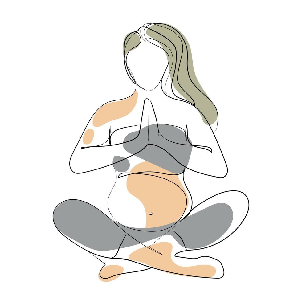 Pregnant woman sitting in lotus position, practicing meditation, yoga continuous line drawing vector illustration, expectant mother line art, one line drawing. Mother and baby health concept