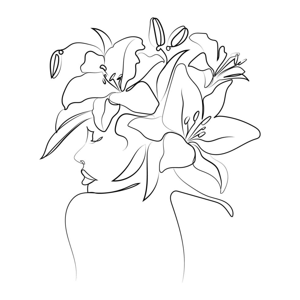 cara de mujer abstracta con lirios de flores en la cabeza, dibujo vectorial de arte mínimo. flores en el dibujo de la línea de la chica de la cabeza. impresión botánica de estilo minimalista. símbolo de la naturaleza cosmética. impresión de moda de arte de línea moderna vector