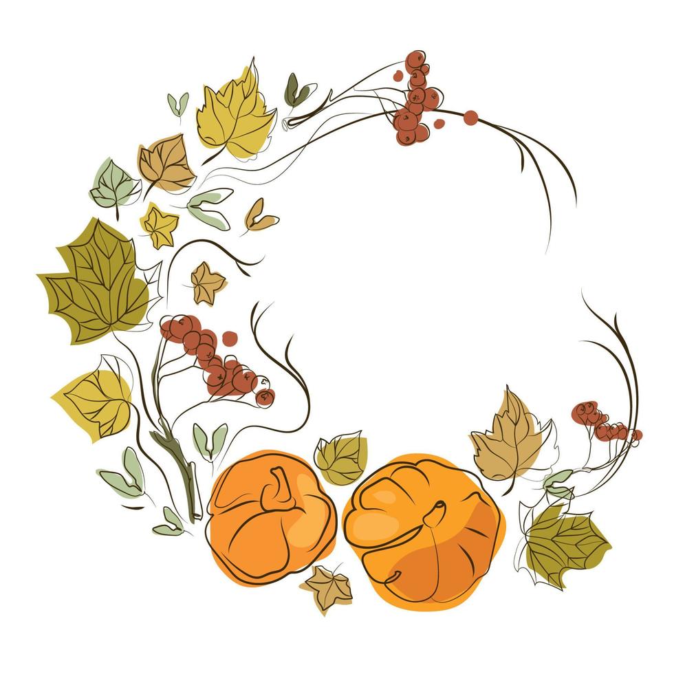 Autumn wreath with orange pumpkins and autumn leaves and rowanberries branches,round wreath frame for autumn design.Vector decorative border with pumpkins isolated on white,hand drawn design vector