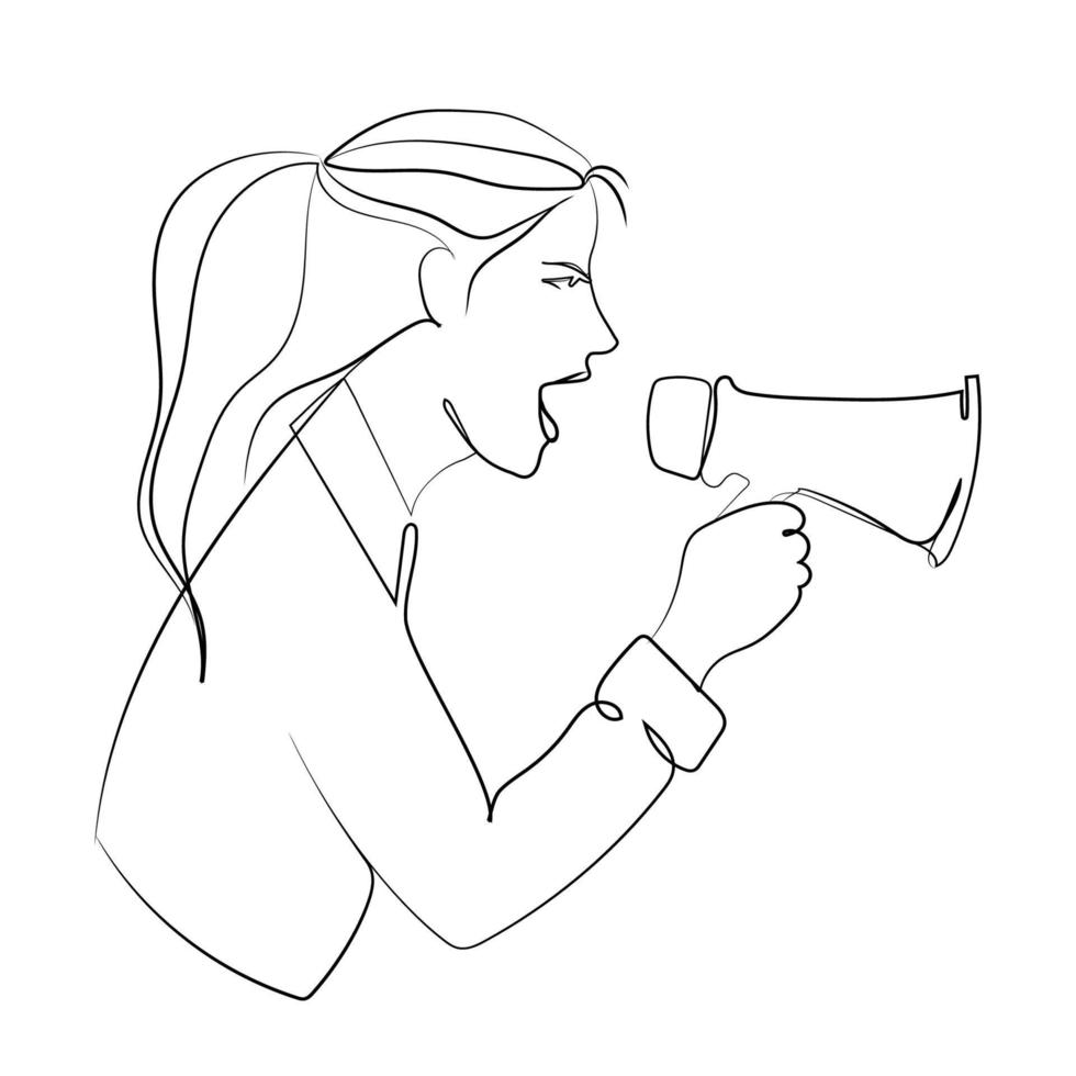 mujer activista gritando en un dibujo de línea vectorial de altavoz. mujer grita en megáfono. anuncio comercial, pancarta de información, la niña protesta, levanta la voz, llama la atención vector