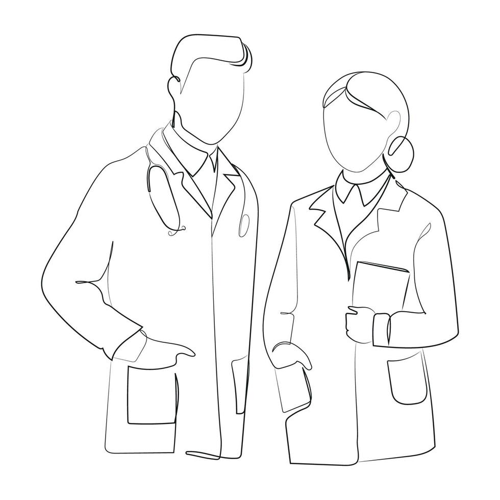 Young male and female doctors standing together Single continuous line drawing vector illustration. Medical teamwork concept Minimal art drawing.Man and woman doctors black and white sketch