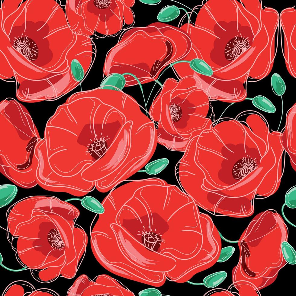 flores rojas amapola de patrones sin fisuras en una ilustración de vector de fondo negro. Fondo transparente de amapolas florales. Puede usarse para textiles, papeles pintados, estampados y diseño web. Textura botánica de moda